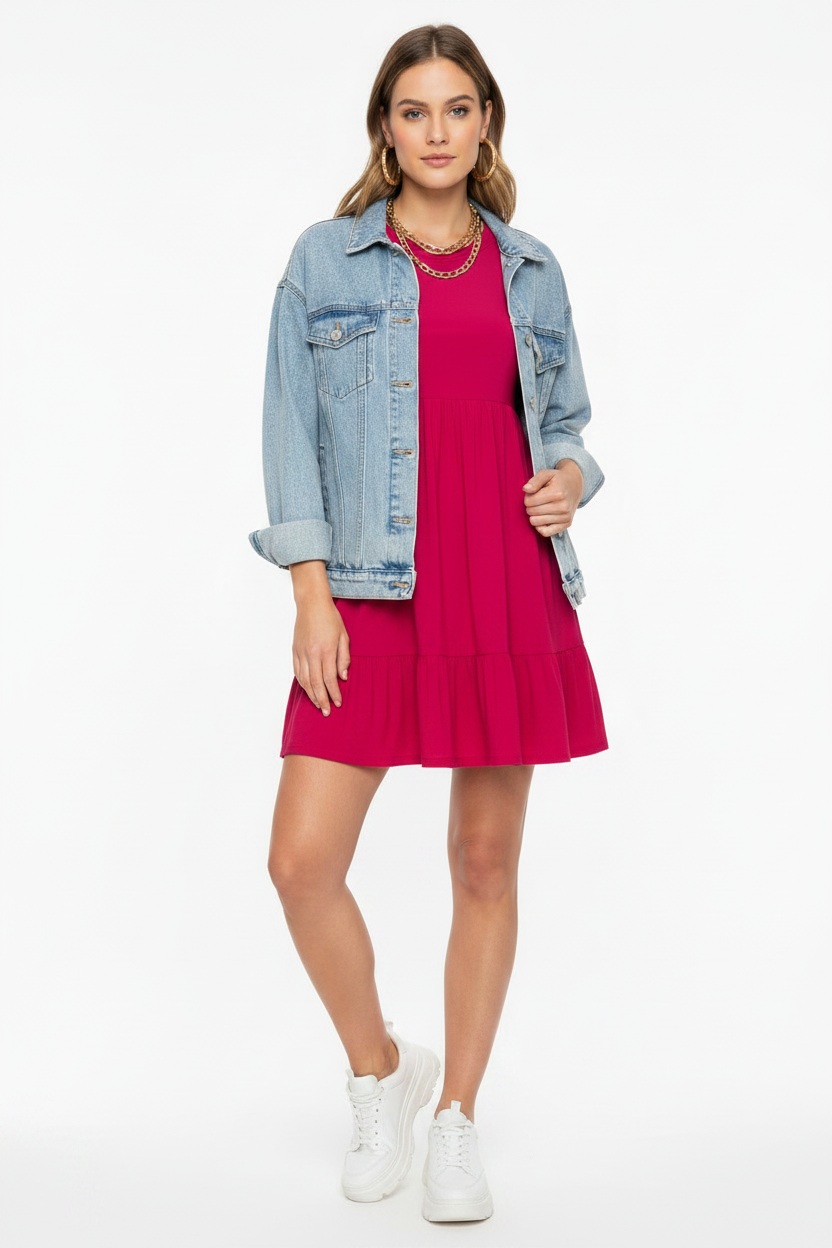 Express Crew Neck Ruffle Mini Babydoll Dress - Hot Pink Slay Size XS
