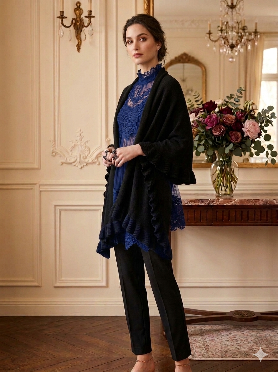 Collection 18 Oversized Black Ruffle Knit Wrap Shawl
