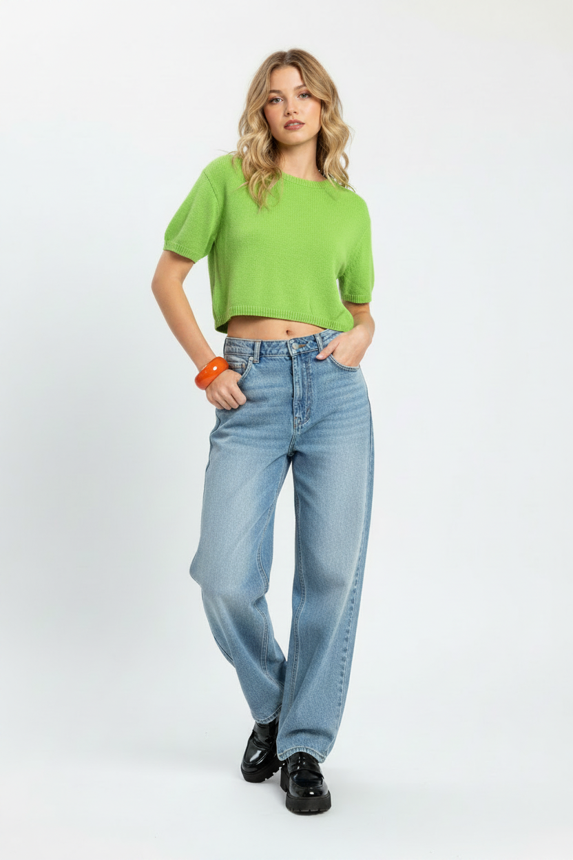 90s ESPIRT Lime Green Cropped Knit Top - Fits Like A Medium