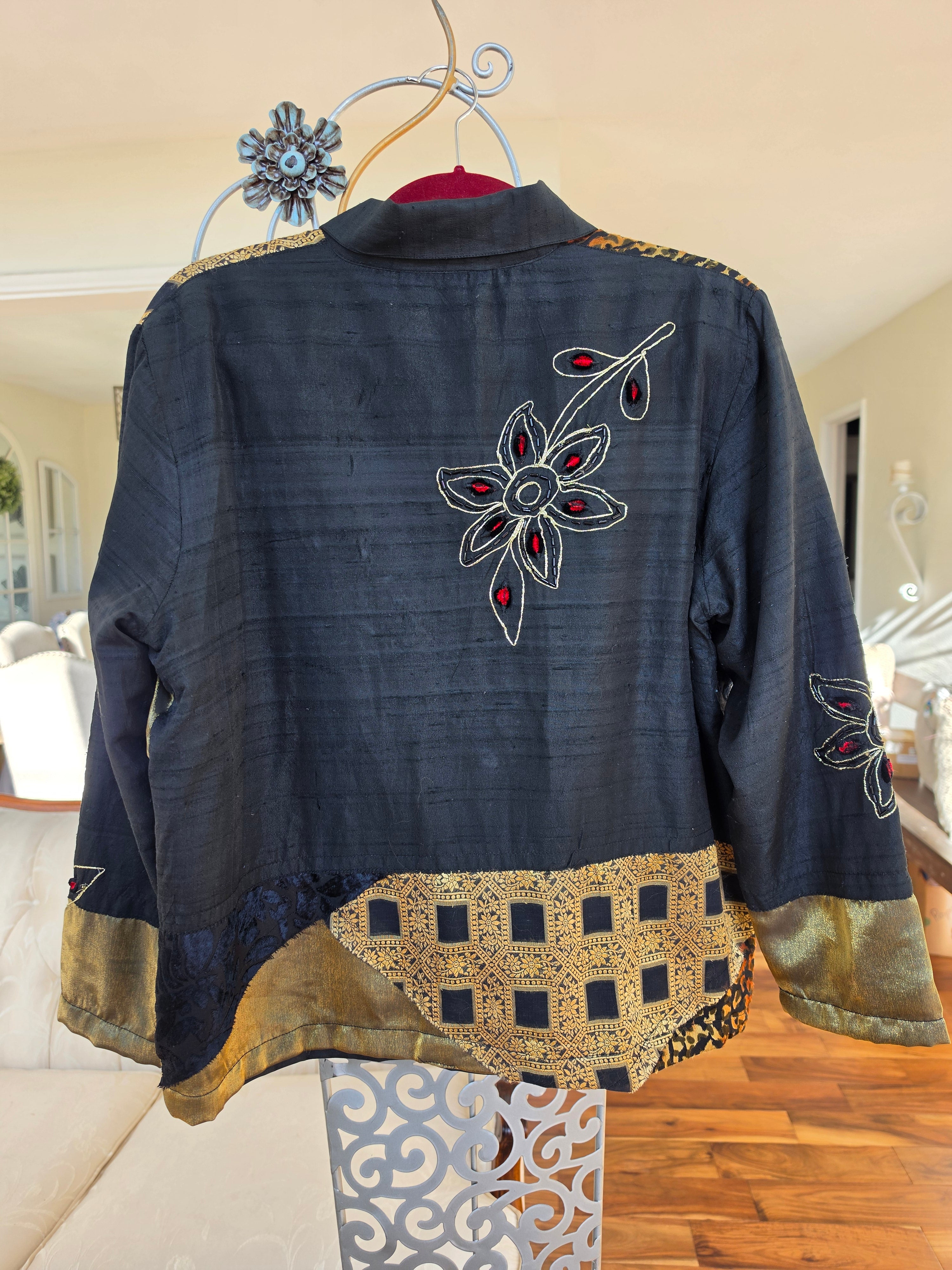 Vintage 90s Mirasol Patchwork Mixed Media Jacket - Size Medium Black Gold Whimsigoth Embroidered Art to Wear Blazer
