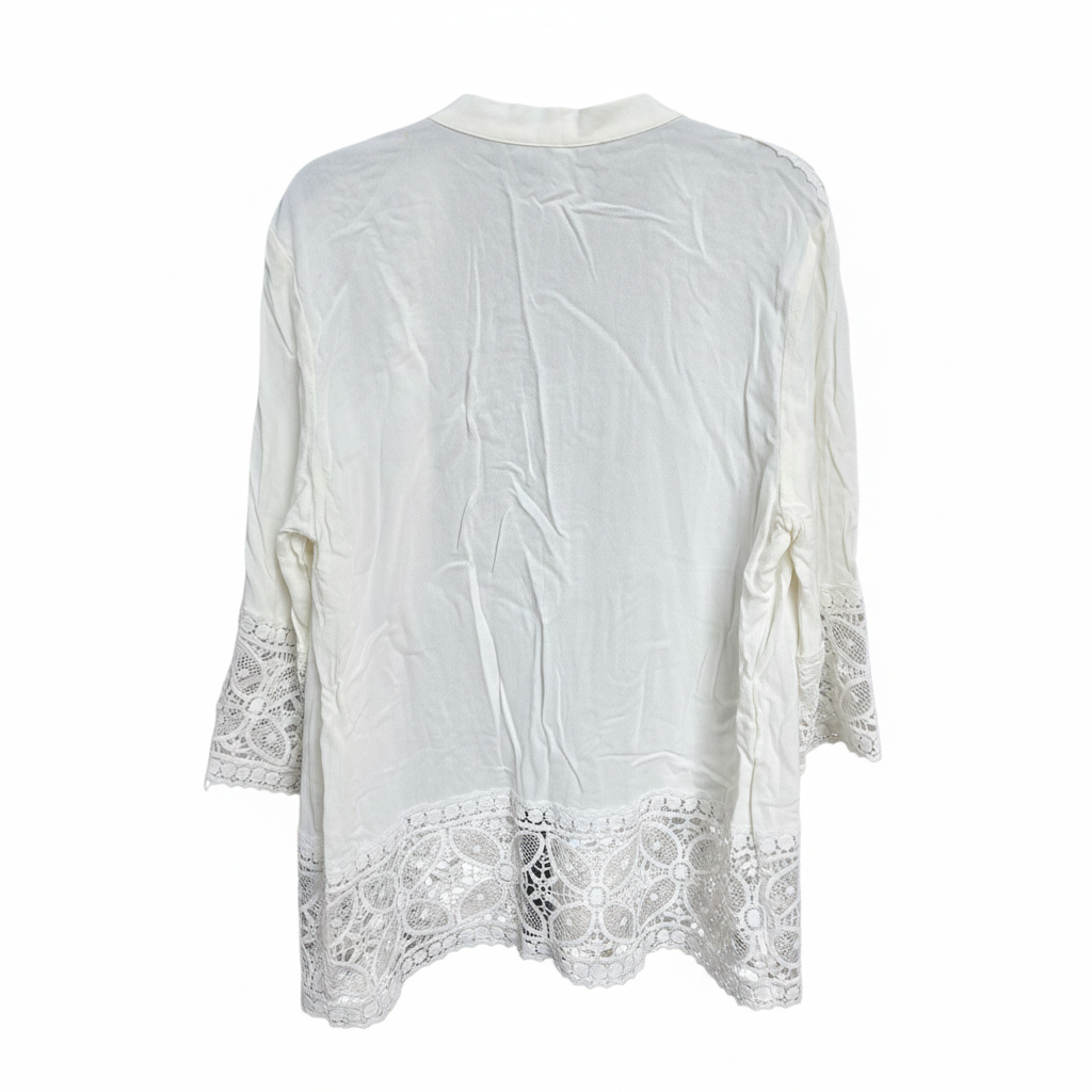 NY Collection Petite Medium White Lace Trim Open Front Cardigan Boho Kimono Size Petite Medium