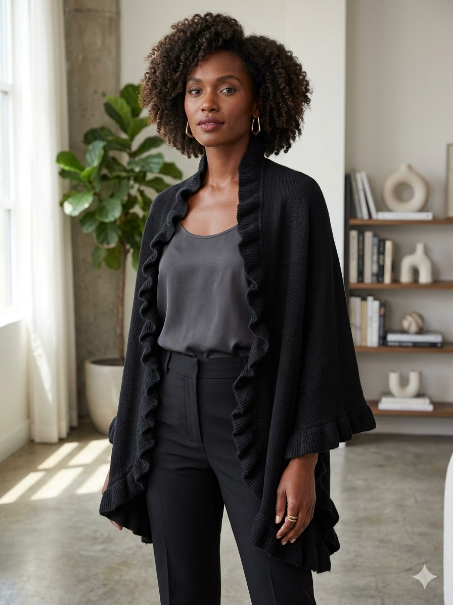 Collection 18 Oversized Black Ruffle Knit Wrap Shawl