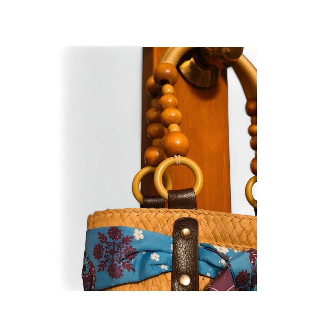 Bohemian Floral Canvas Tote Bag with Wooden Bead Handles & Bow Accent