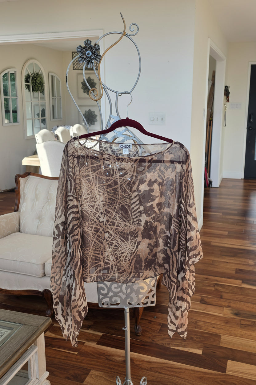Chico's Sheer Animal Print Mesh Poncho Blouse Sequin Detailed Top One Size