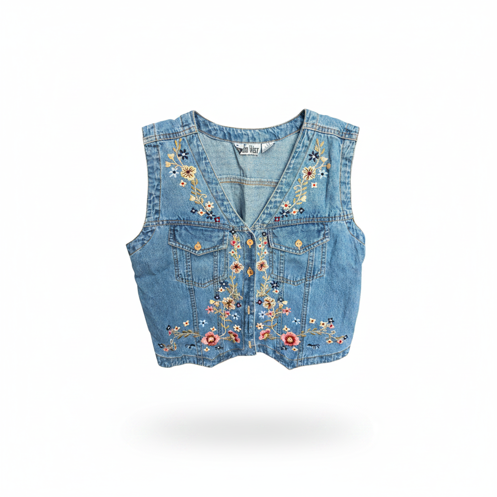 Vintage 90s Studio West Floral Embroidered Denim Vest – Boho Cottagecore Size Large
