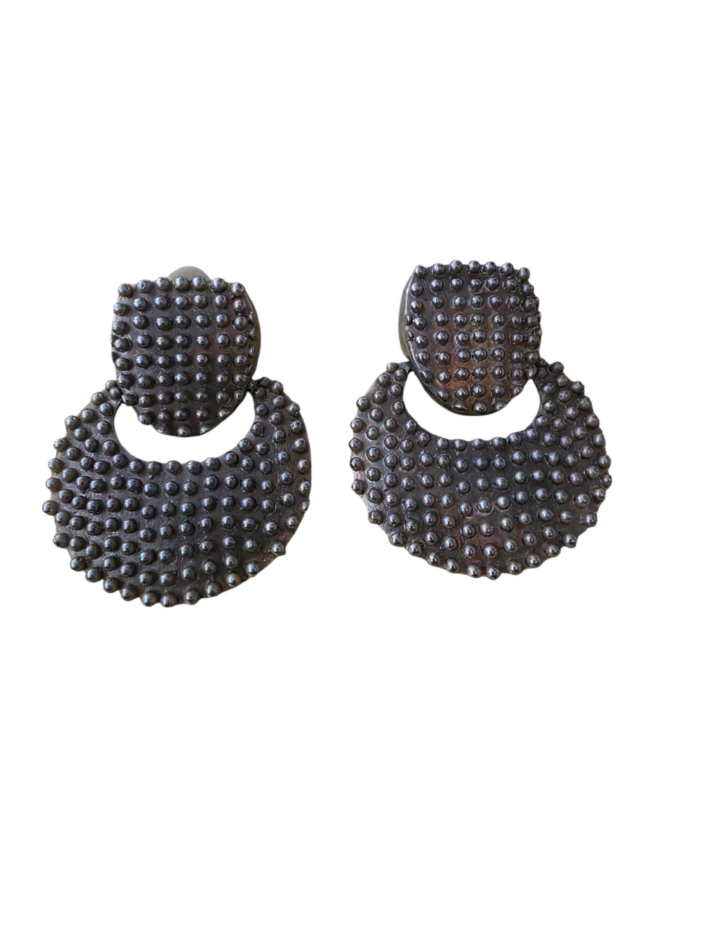 Vintage Silver-Tone Textured Bubble Clip-On Earrings | Modernist Door Knocker Style