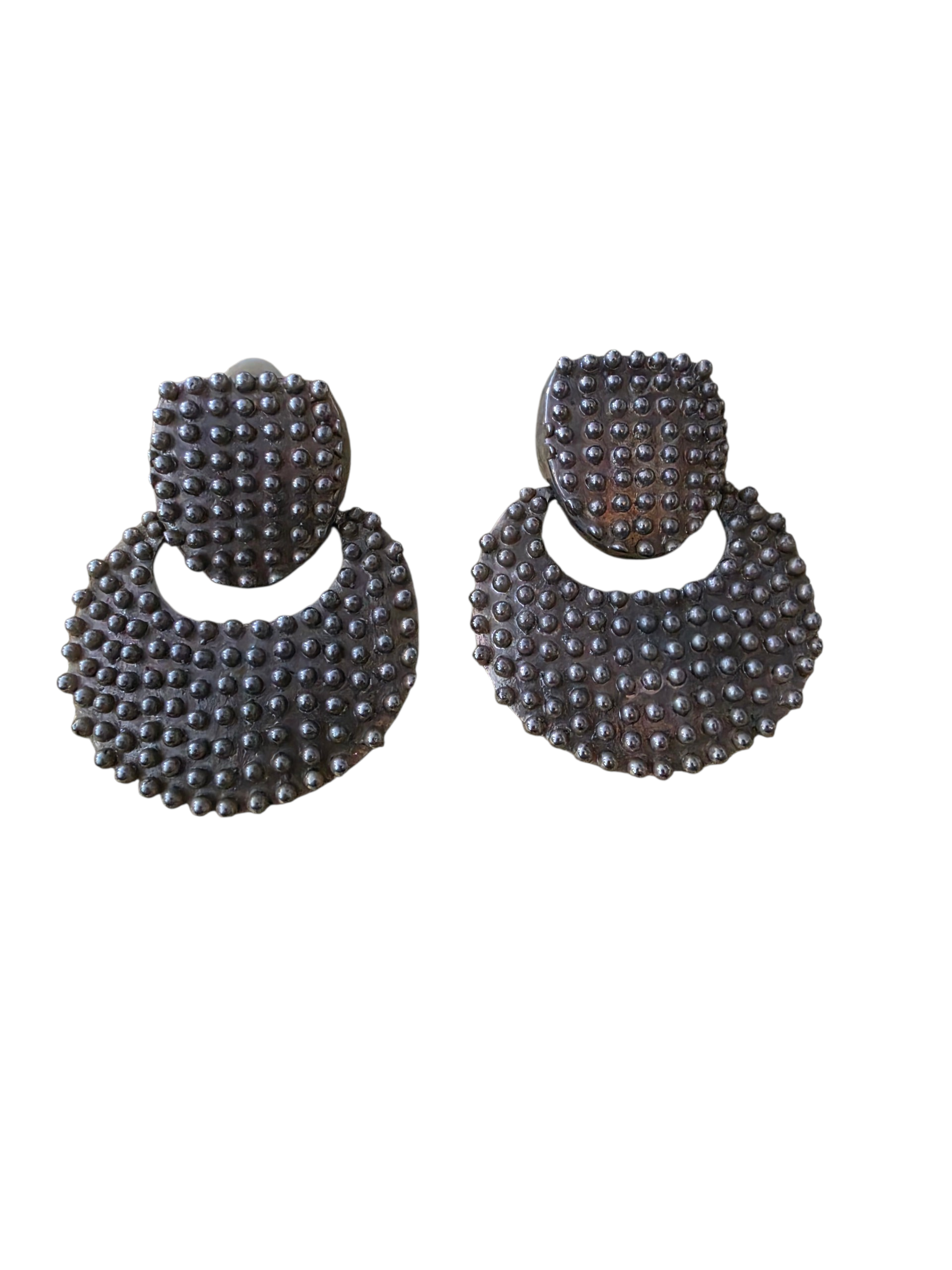 Vintage Silver-Tone Textured Bubble Clip-On Earrings | Modernist Door Knocker Style