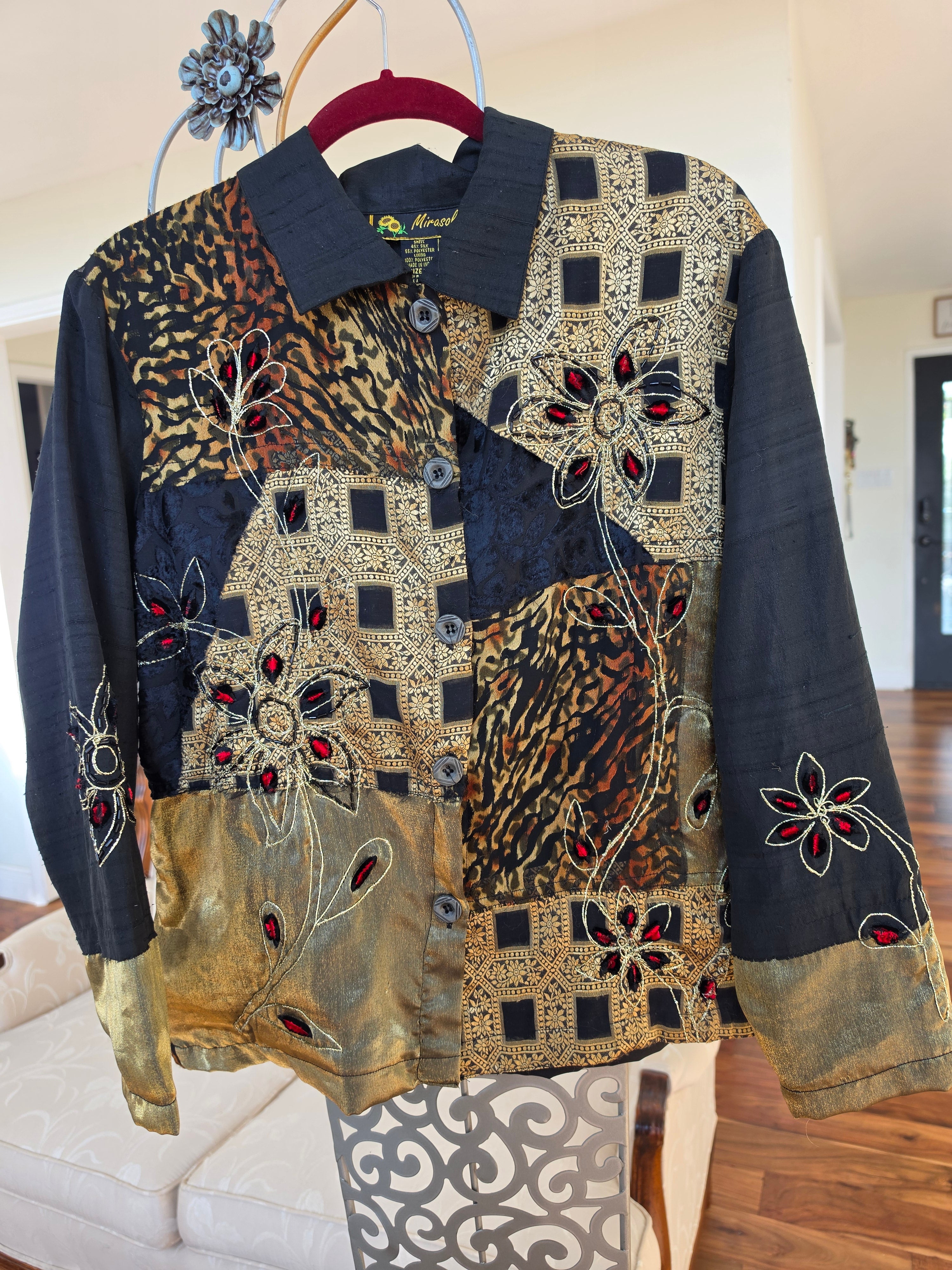 Vintage 90s Mirasol Patchwork Mixed Media Jacket - Size Medium Black Gold Whimsigoth Embroidered Art to Wear Blazer