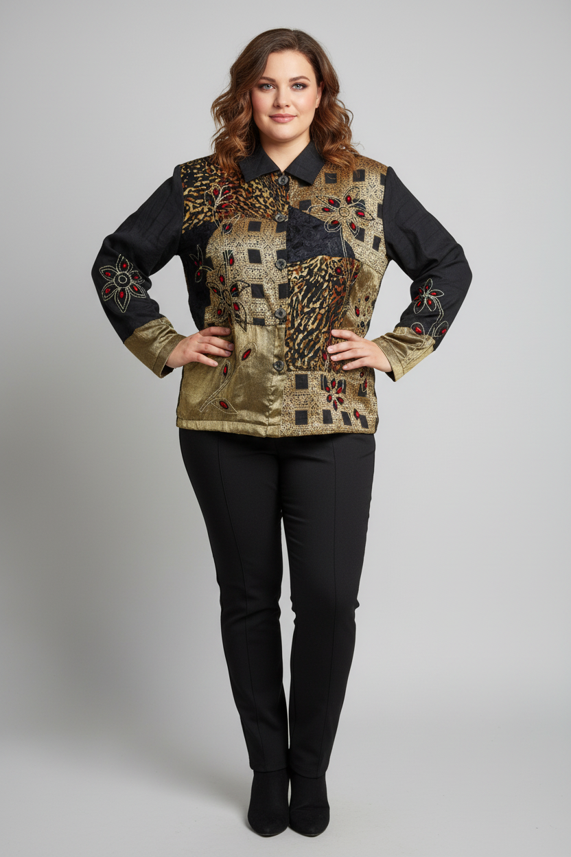 Vintage 90s Mirasol Patchwork Mixed Media Jacket - Size Medium Black Gold Whimsigoth Embroidered Art to Wear Blazer