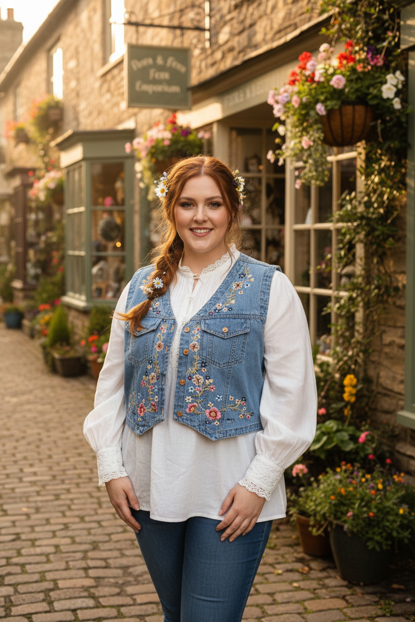 Vintage 90s Studio West Floral Embroidered Denim Vest – Boho Cottagecore Size Large