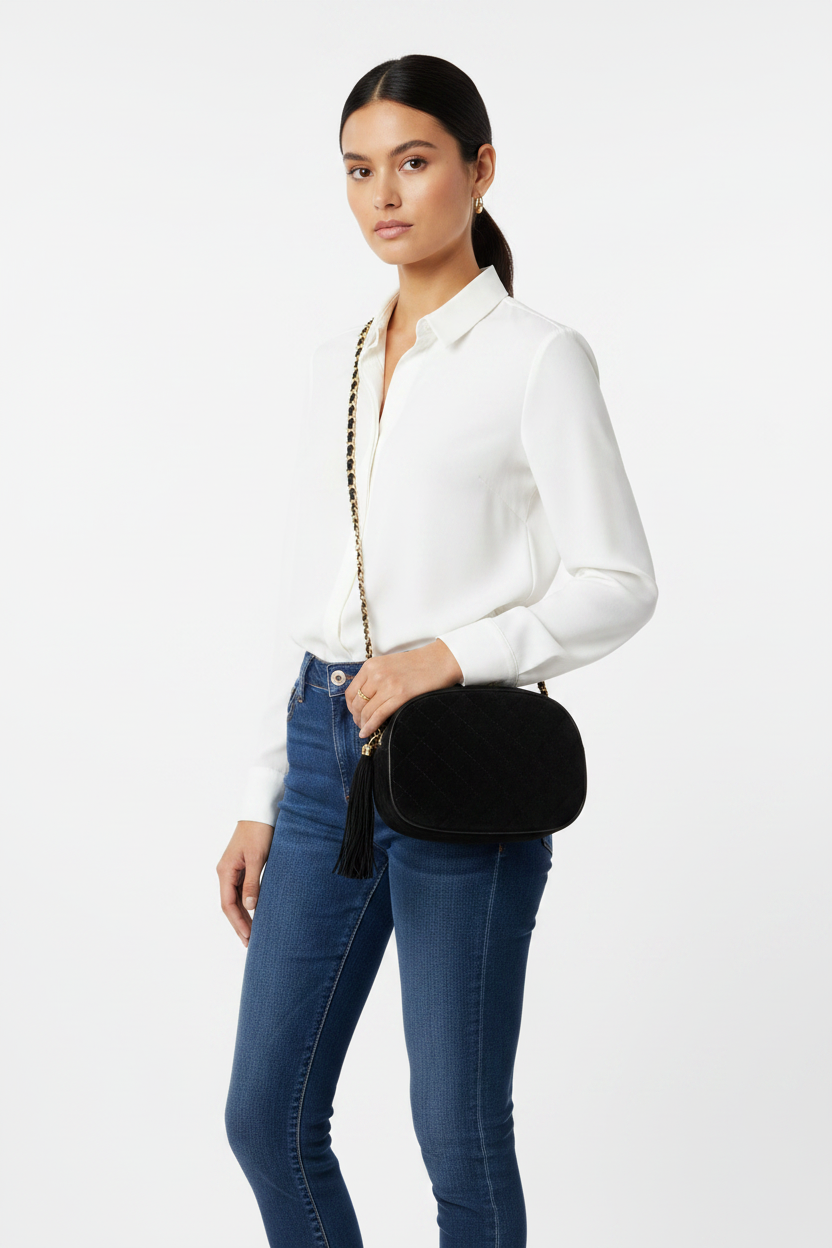 Bechamel Vintage Quilted Black Suede Tassel Crossbody Bag