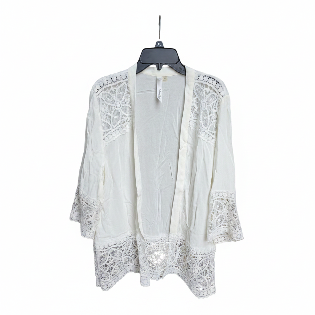 NY Collection Petite Medium White Lace Trim Open Front Cardigan Boho Kimono Size Petite Medium