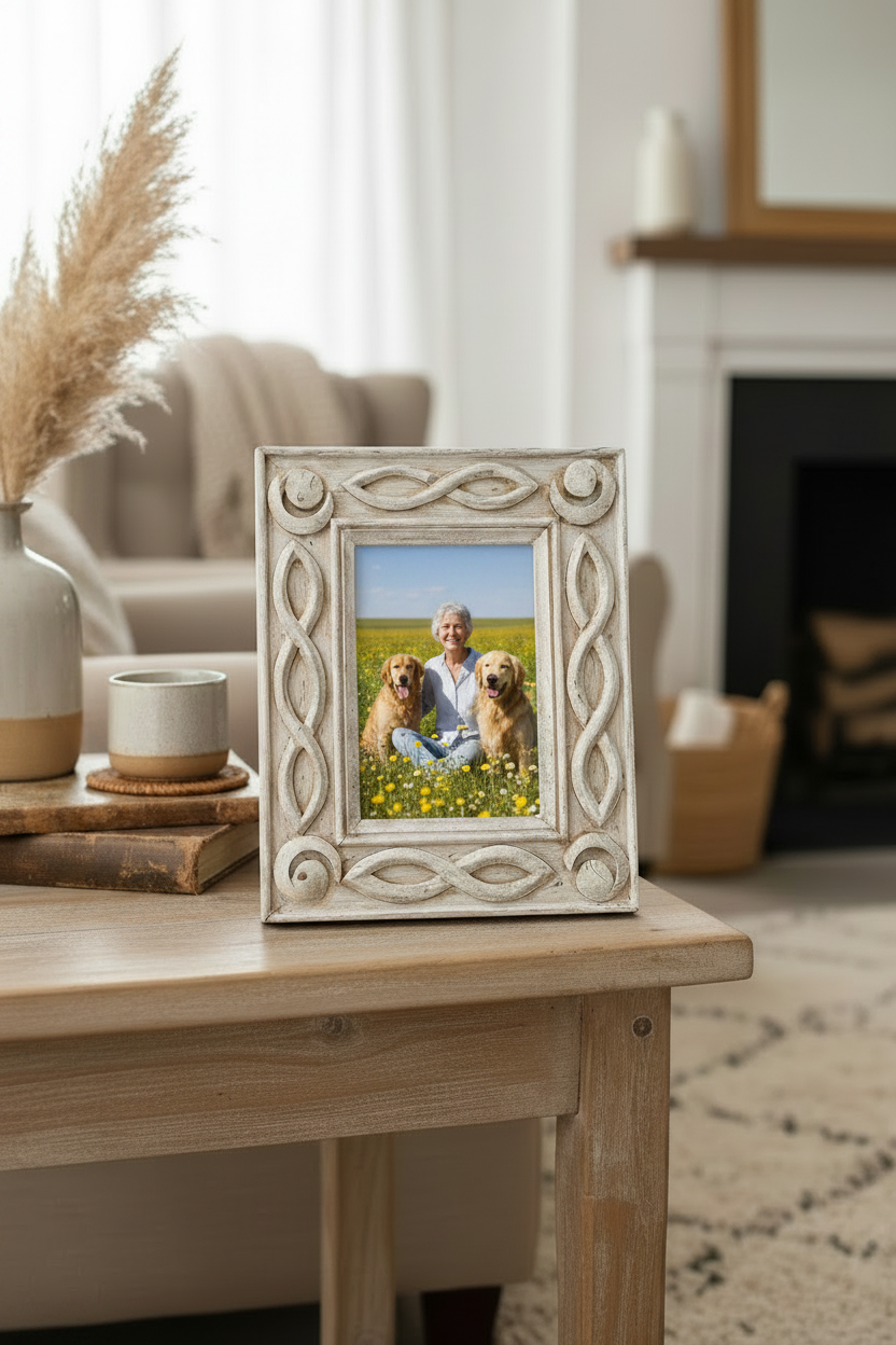 Hand-Carved Indian Mango Wood Picture Frame - Distressed White Finish 4x6