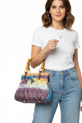 Bohemian Floral Canvas Tote Bag with Wooden Bead Handles & Bow Accent