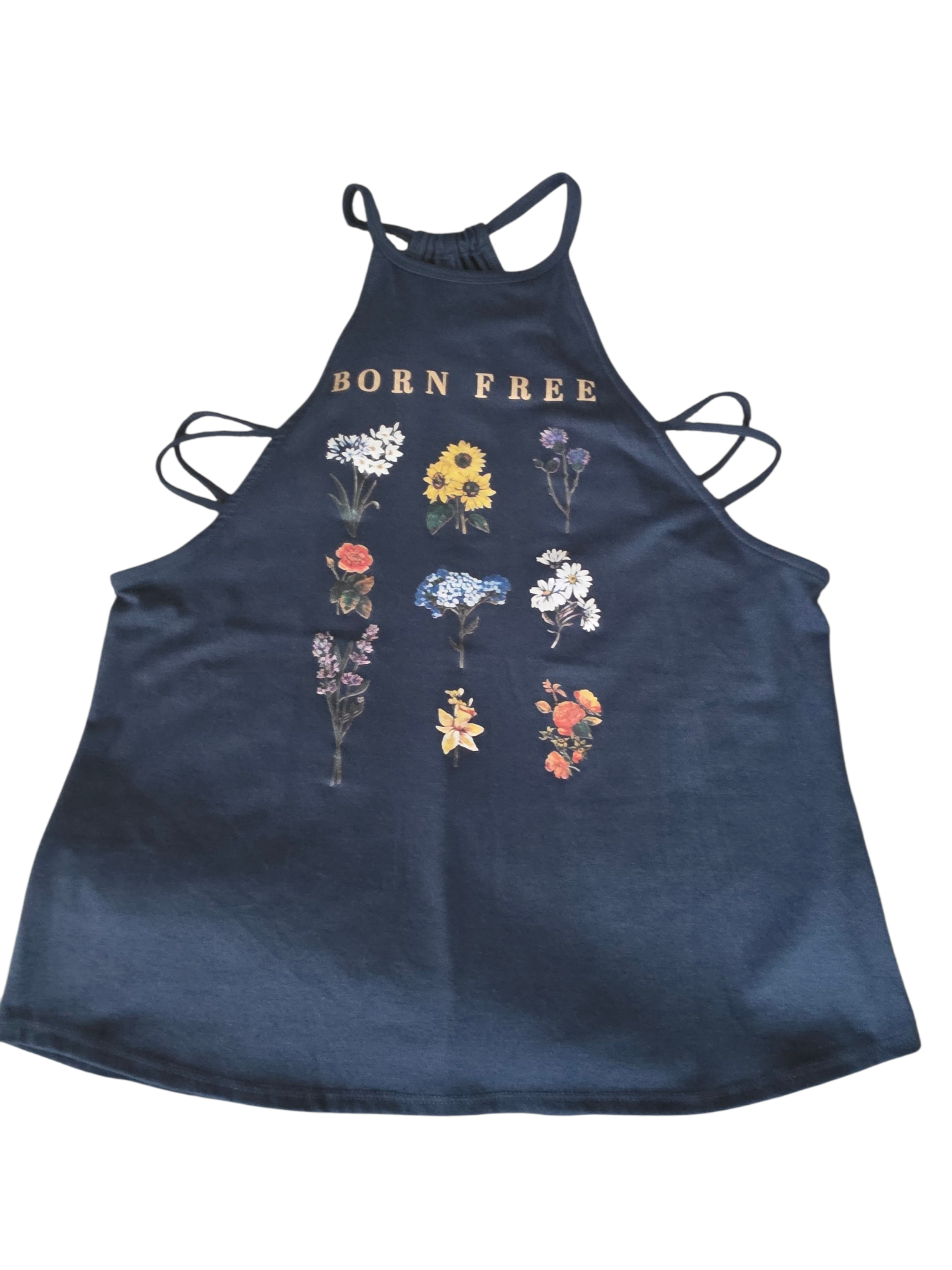Retro 70s Style "Born Free" Botanical Graphic Halter Tank Top Size Small