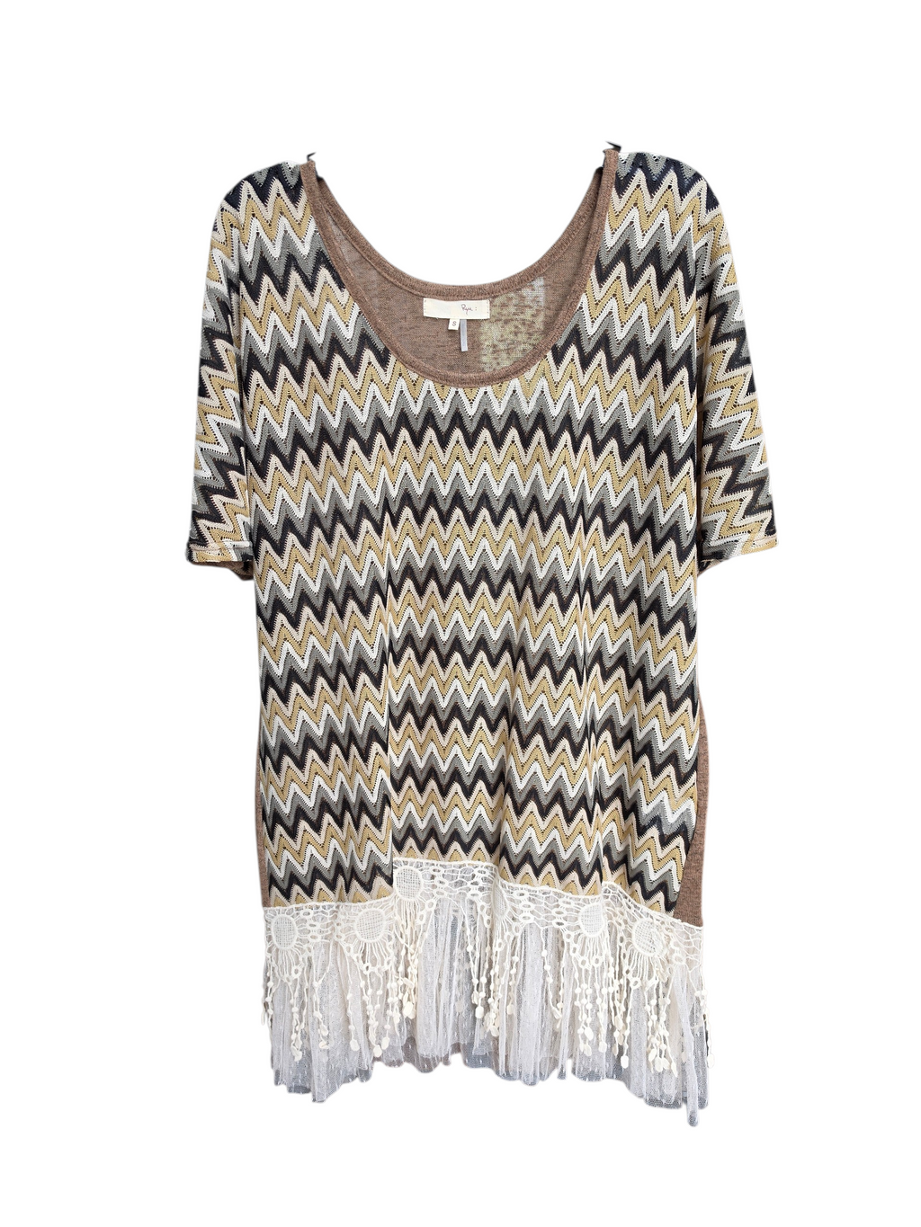Ryu Chevron Knit Boho Top with Crochet Lace Fringe