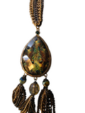 Vintage Boho Peacock Teardrop Tassel Necklace – 21” Gold Tone Statement Piece