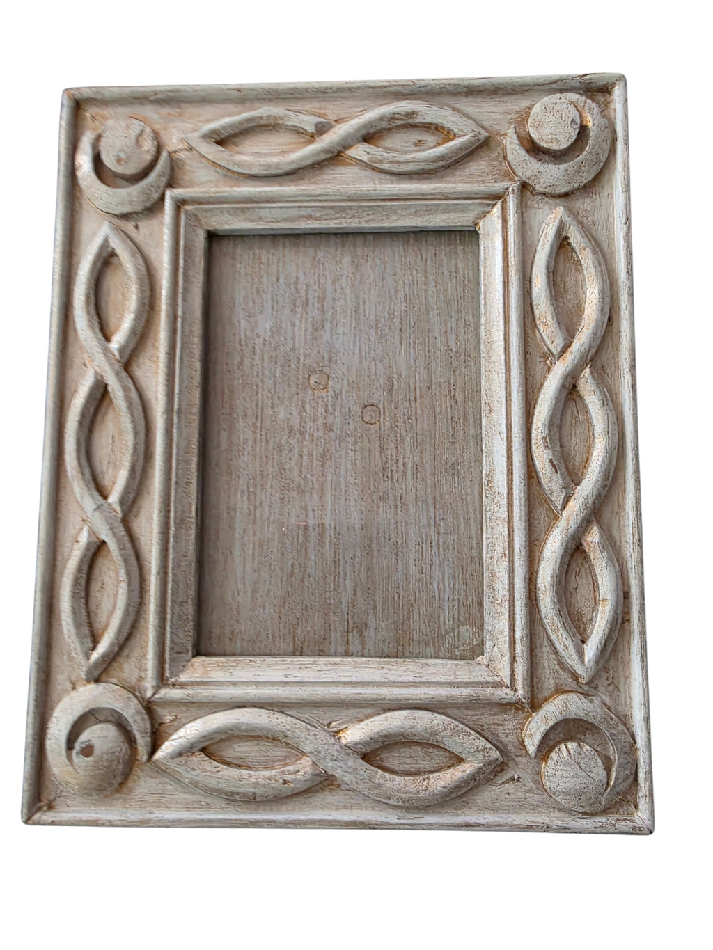 Hand-Carved Indian Mango Wood Picture Frame - Distressed White Finish 4x6