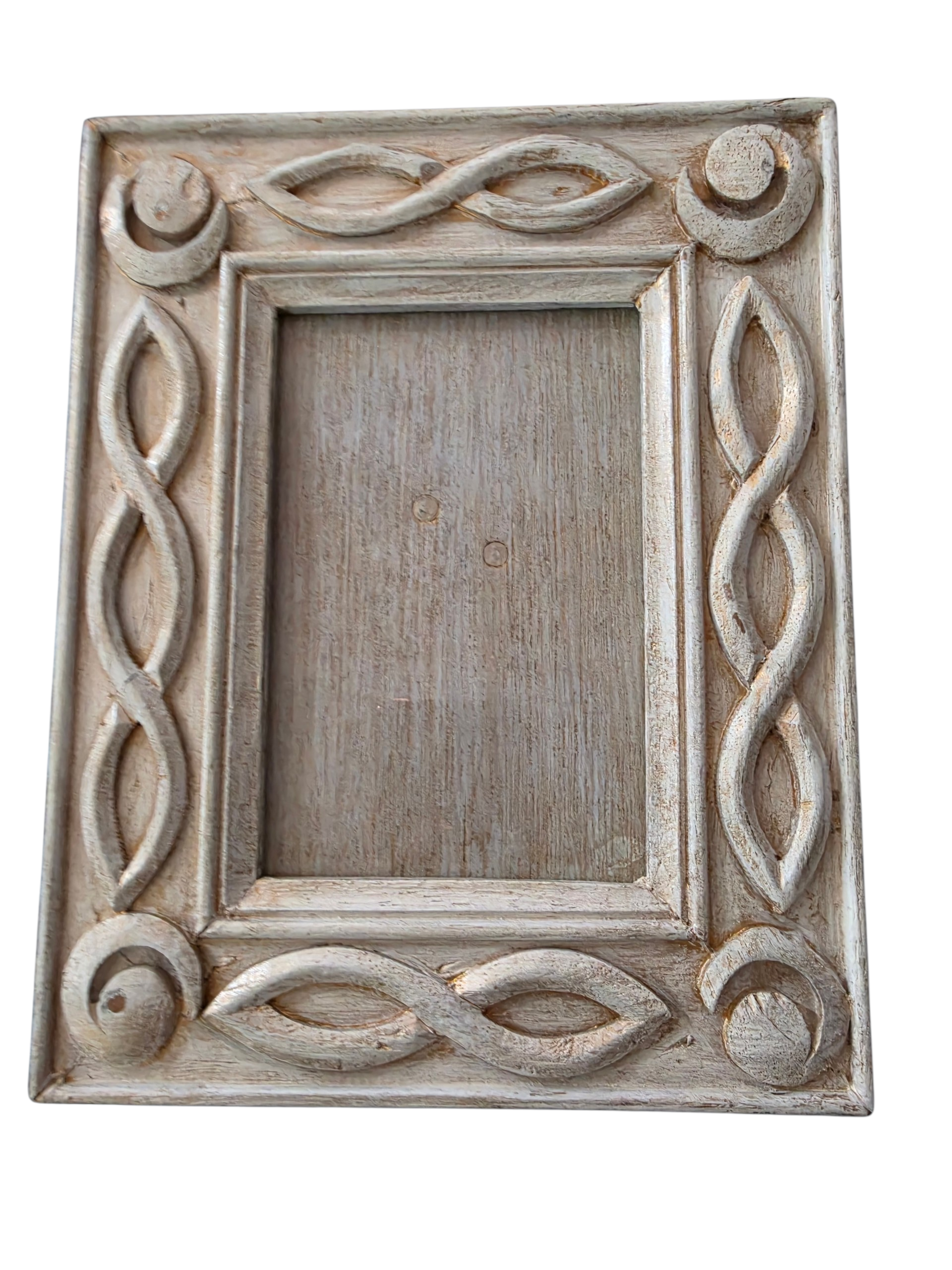 Hand-Carved Indian Mango Wood Picture Frame - Distressed White Finish 4x6