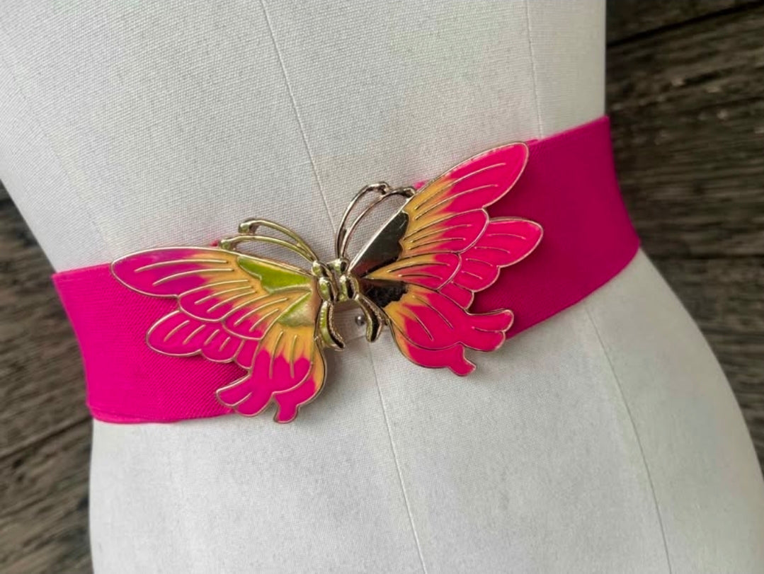 Vintage 1980s Hot Pink Enamel Butterfly Stretch Waist Belt