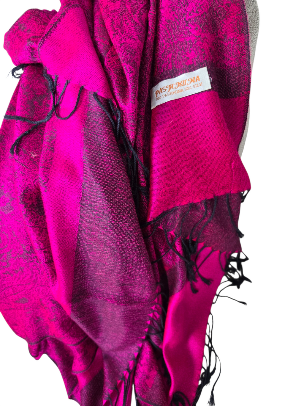 Vintage 90s Y2K Fuchsia & Black Paisley Pashmina Silk Blend Shawl Wrap