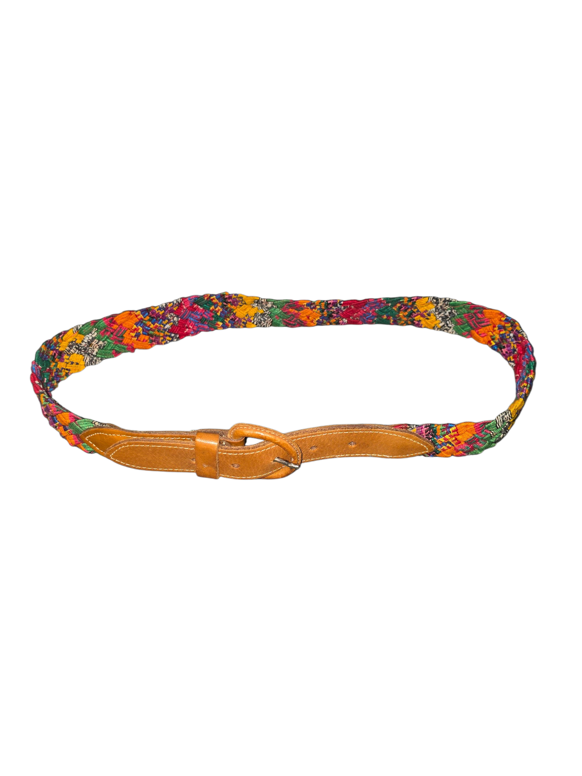 Vintage Handmade Guatemalan Woven Belt – Colorful Braided Fabric & Leather – Size Small