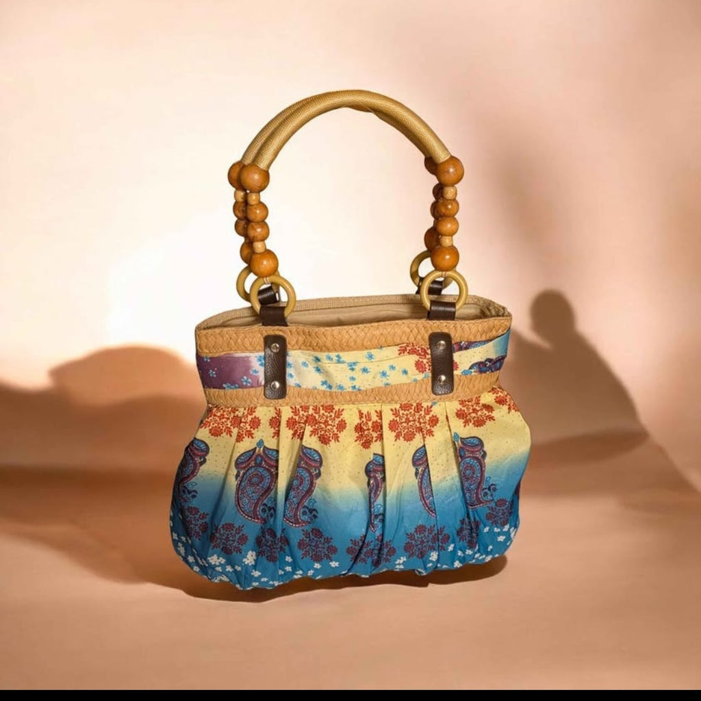 Bohemian Floral Canvas Tote Bag with Wooden Bead Handles & Bow Accent