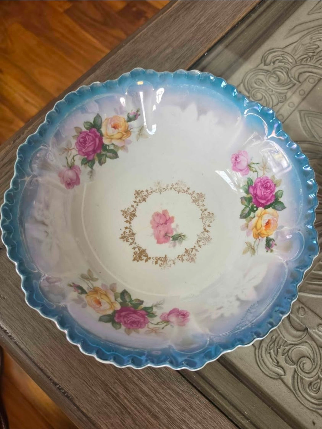 Vintage Erphila Germany Lusterware Porcelain Serving Bowl - Hand-Painted Roses & Scalloped Rim