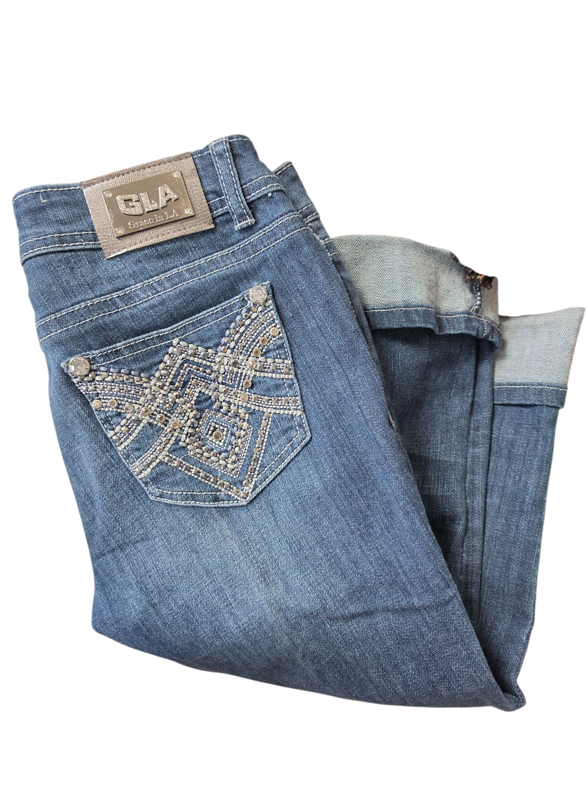 Grace in LA Women's Rhinestone Embellished Jeans Medium Wash Stretch Denim Size 5