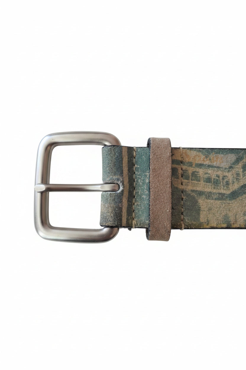 Chico's Vintage Travel Postcard Print Belt Medium Bonded Leather Size Medium