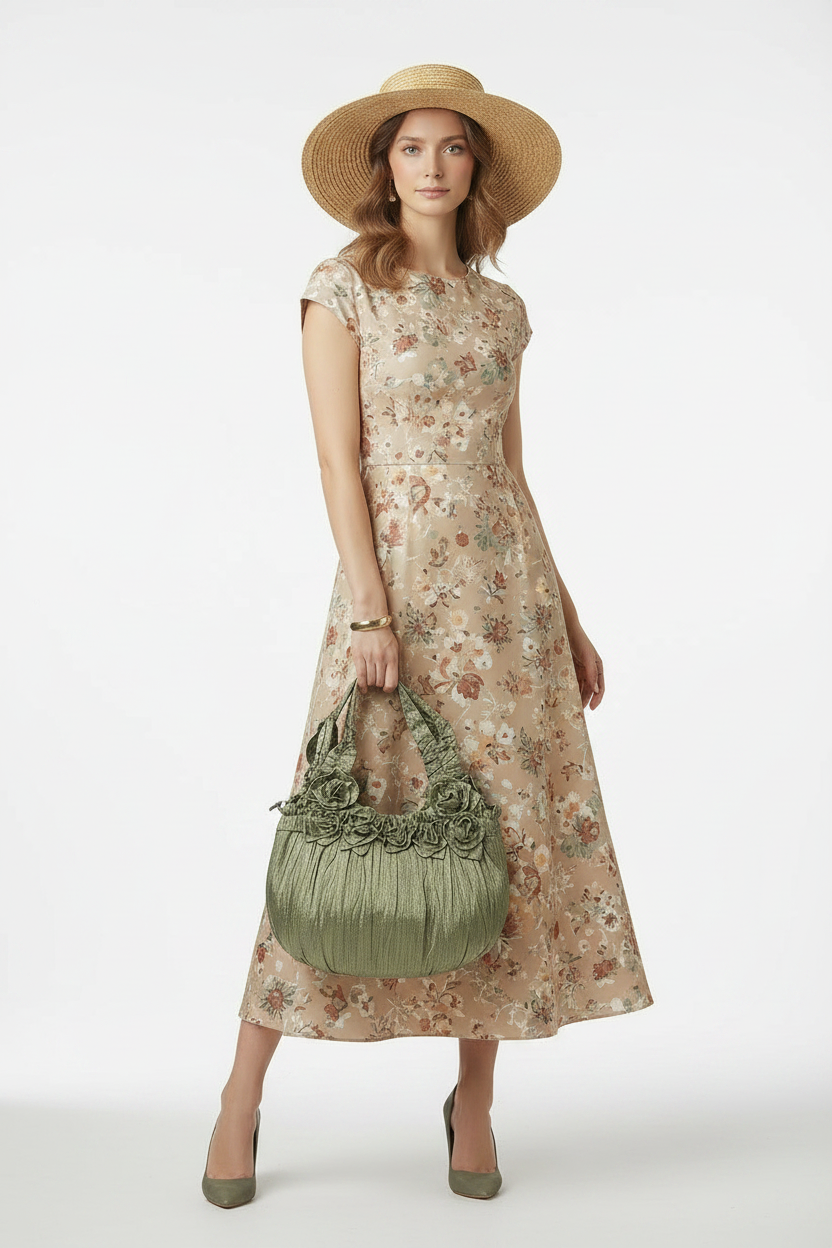 Vintage Y2K Olive Metallic Satin Rosette Hobo Bag