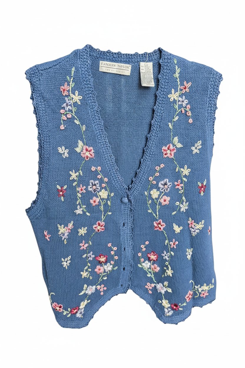 Vintage Carolyn Taylor Floral Embroidered Knit Vest Size Large