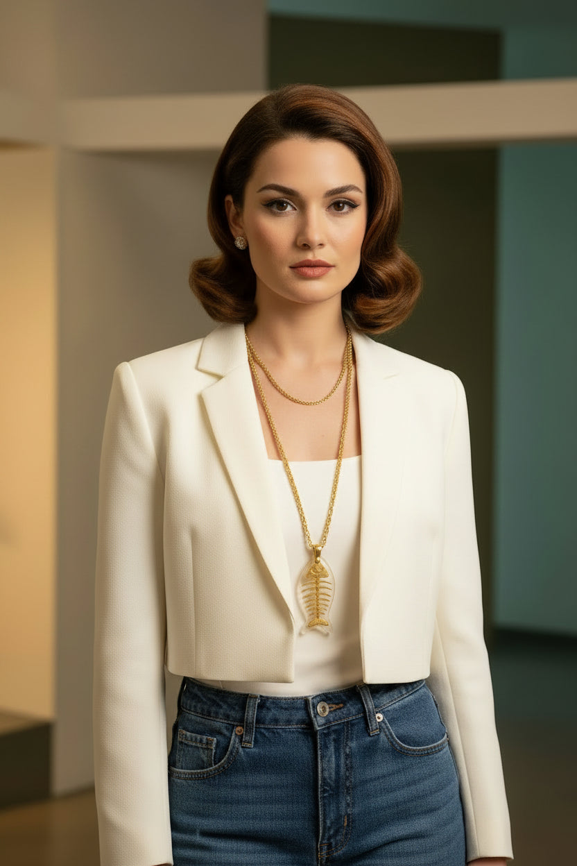 Vintage Lucite Fish Skeleton Pendant – Clear & Gold Statement Necklace