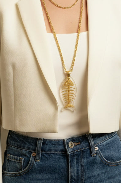 Vintage Lucite Fish Skeleton Pendant – Clear & Gold Statement Necklace