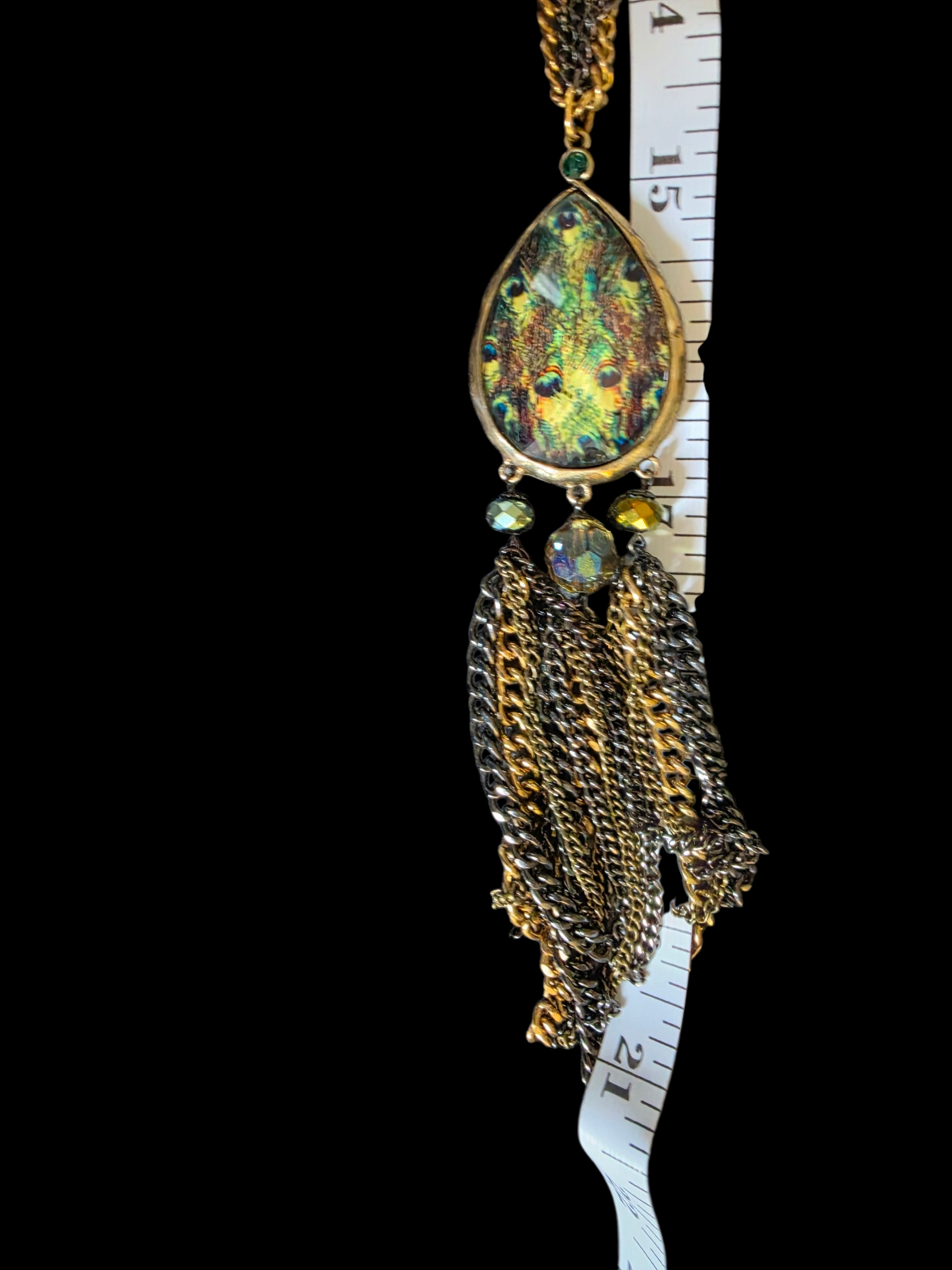 Vintage Boho Peacock Teardrop Tassel Necklace – 21” Gold Tone Statement Piece