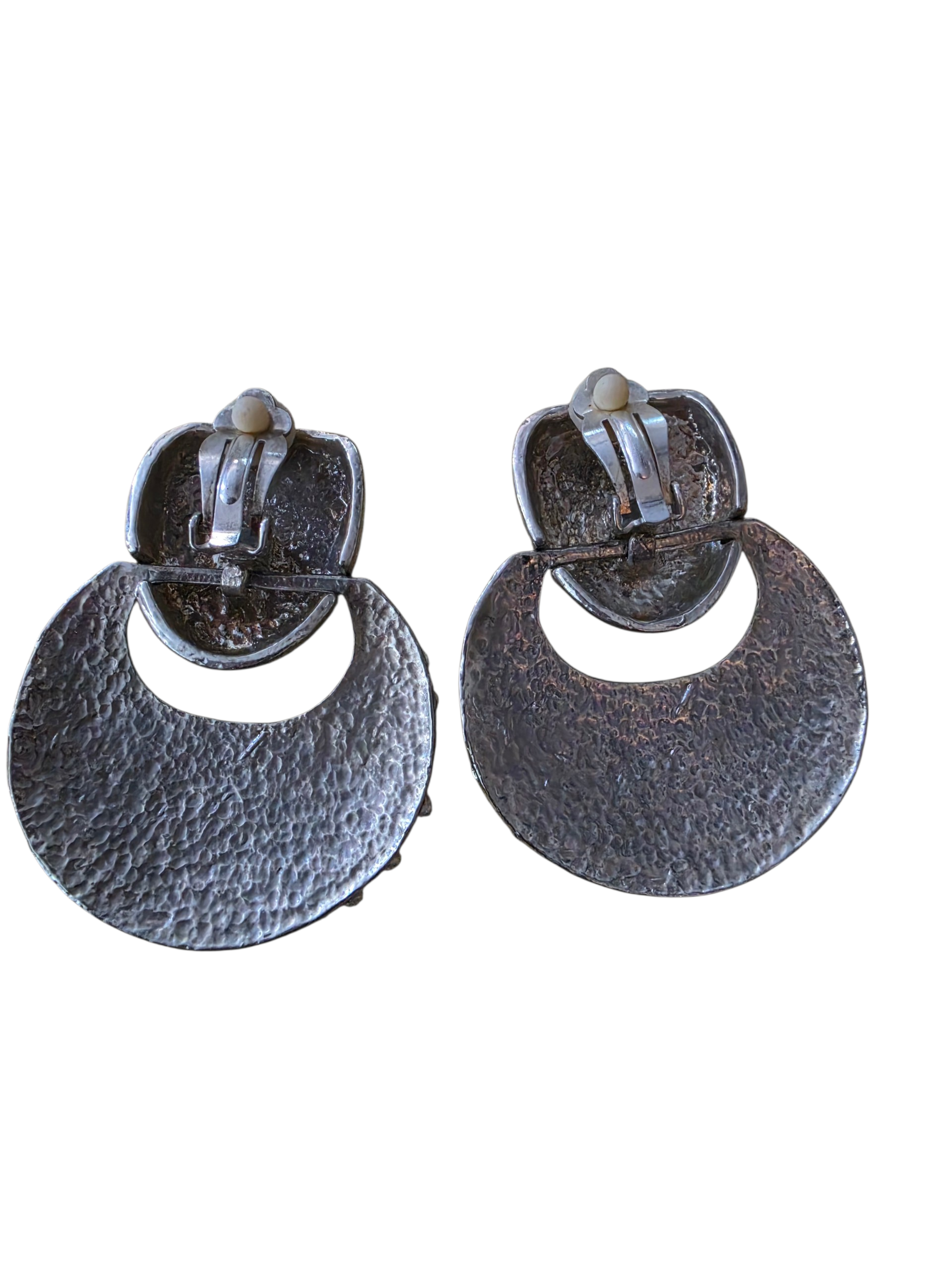 Vintage Silver-Tone Textured Bubble Clip-On Earrings | Modernist Door Knocker Style