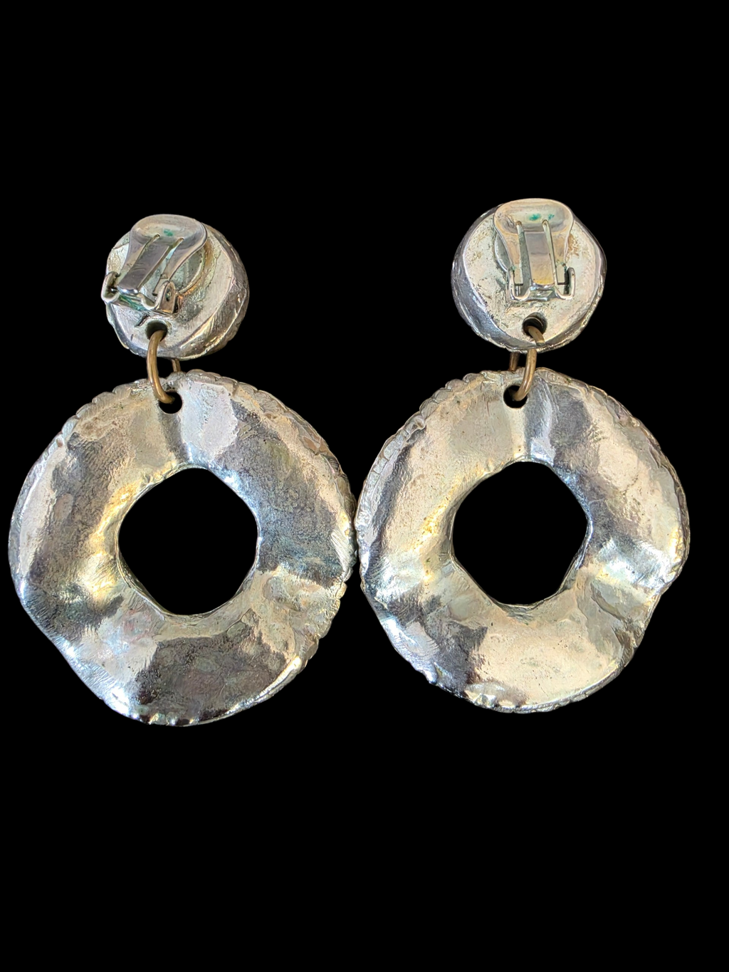 Vintage 80s Brutalist Mixed-Metal Hammered Statement Clip On Drop Earrings