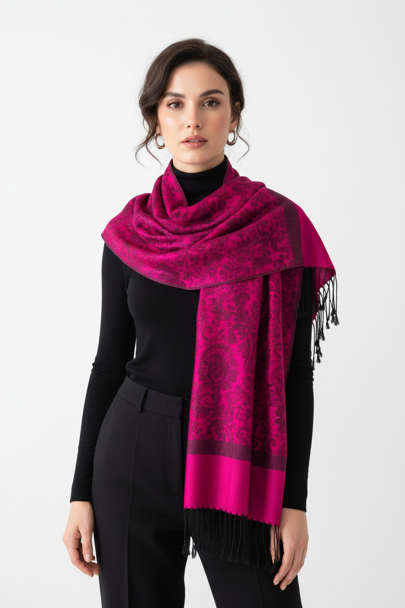 Vintage 90s Y2K Fuchsia & Black Paisley Pashmina Silk Blend Shawl Wrap