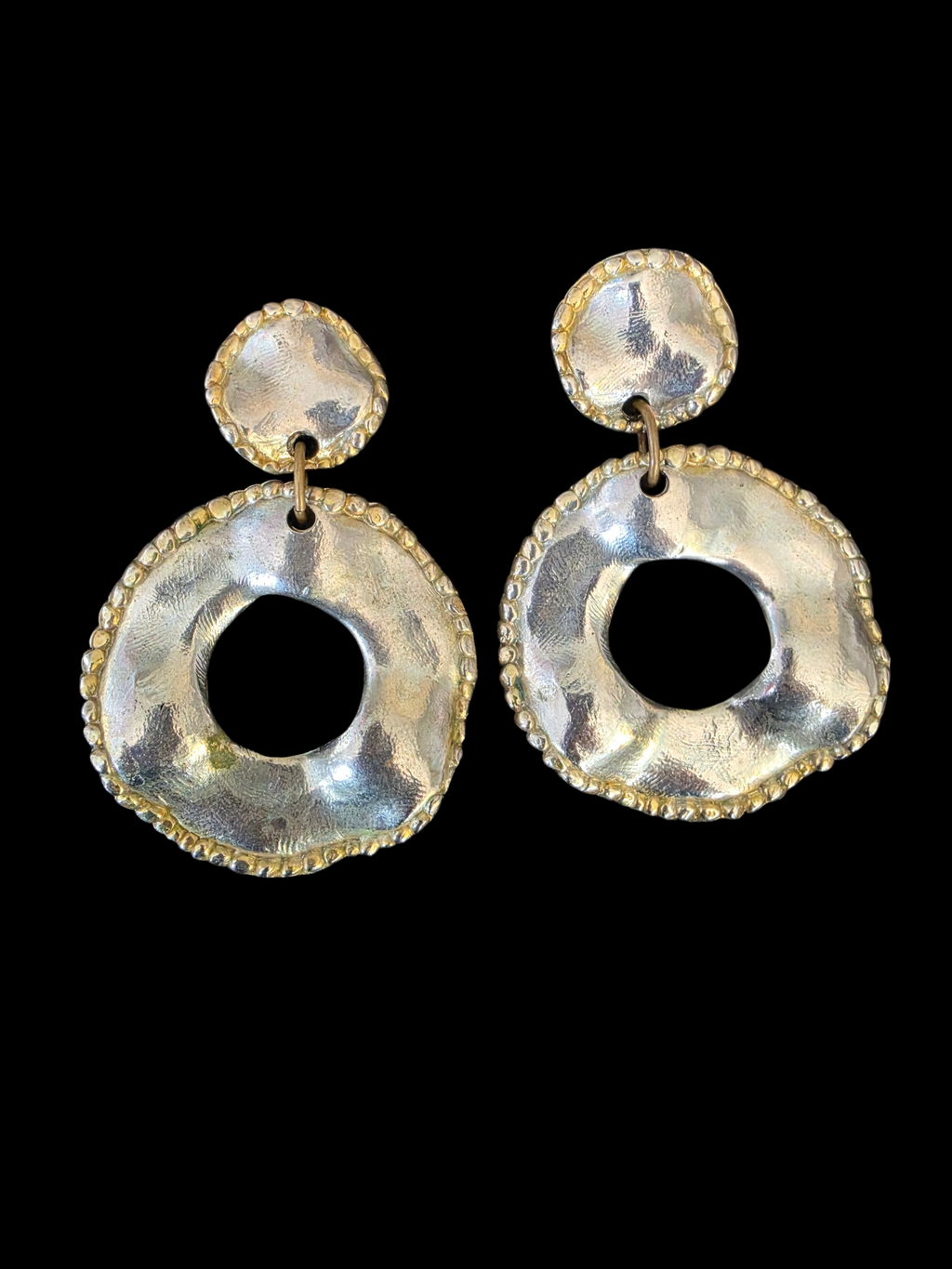Vintage 80s Brutalist Mixed-Metal Hammered Statement Clip On Drop Earrings