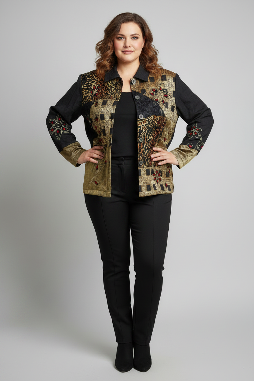 Vintage 90s Mirasol Patchwork Mixed Media Jacket - Size Medium Black Gold Whimsigoth Embroidered Art to Wear Blazer