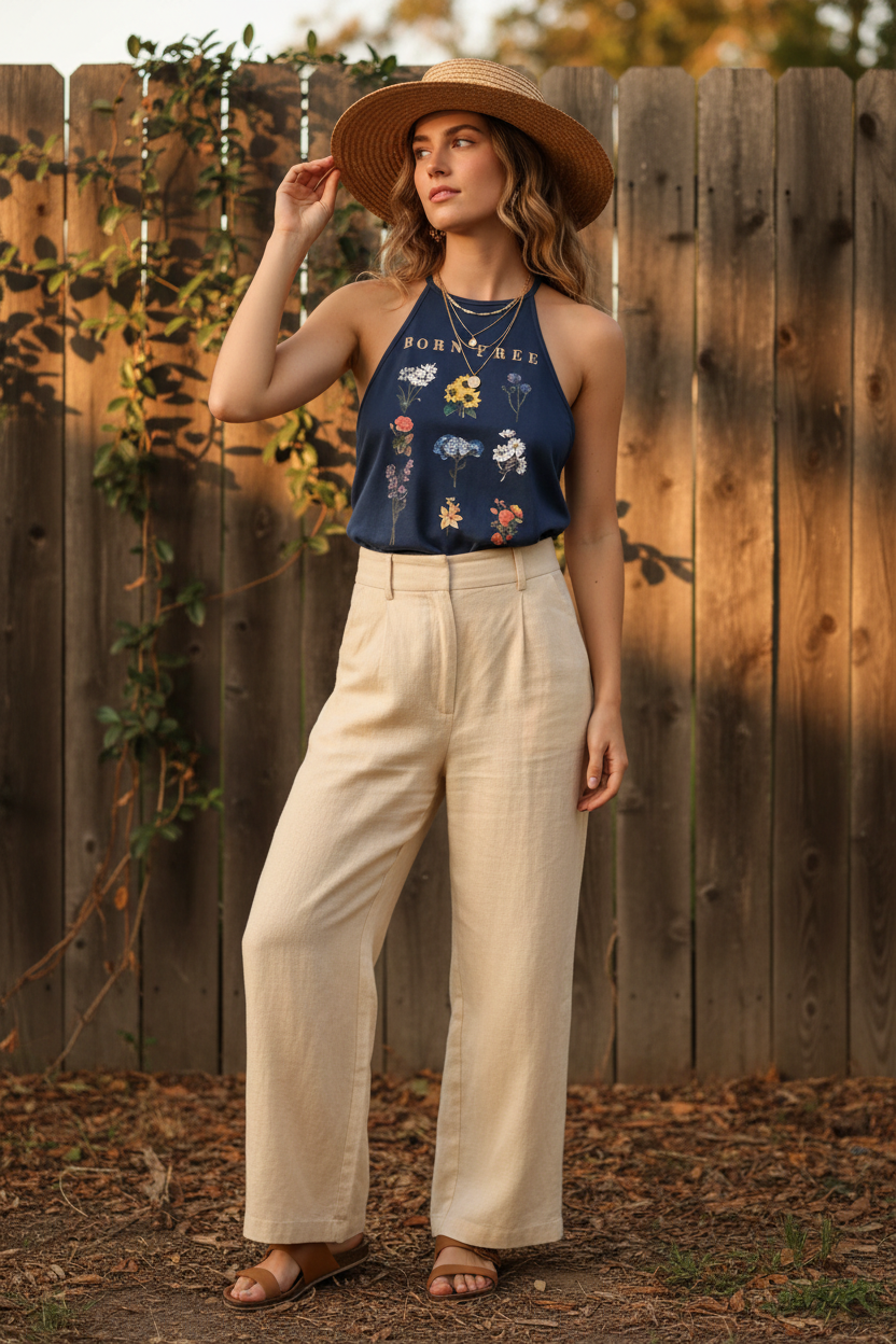 Retro 70s Style "Born Free" Botanical Graphic Halter Tank Top Size Small