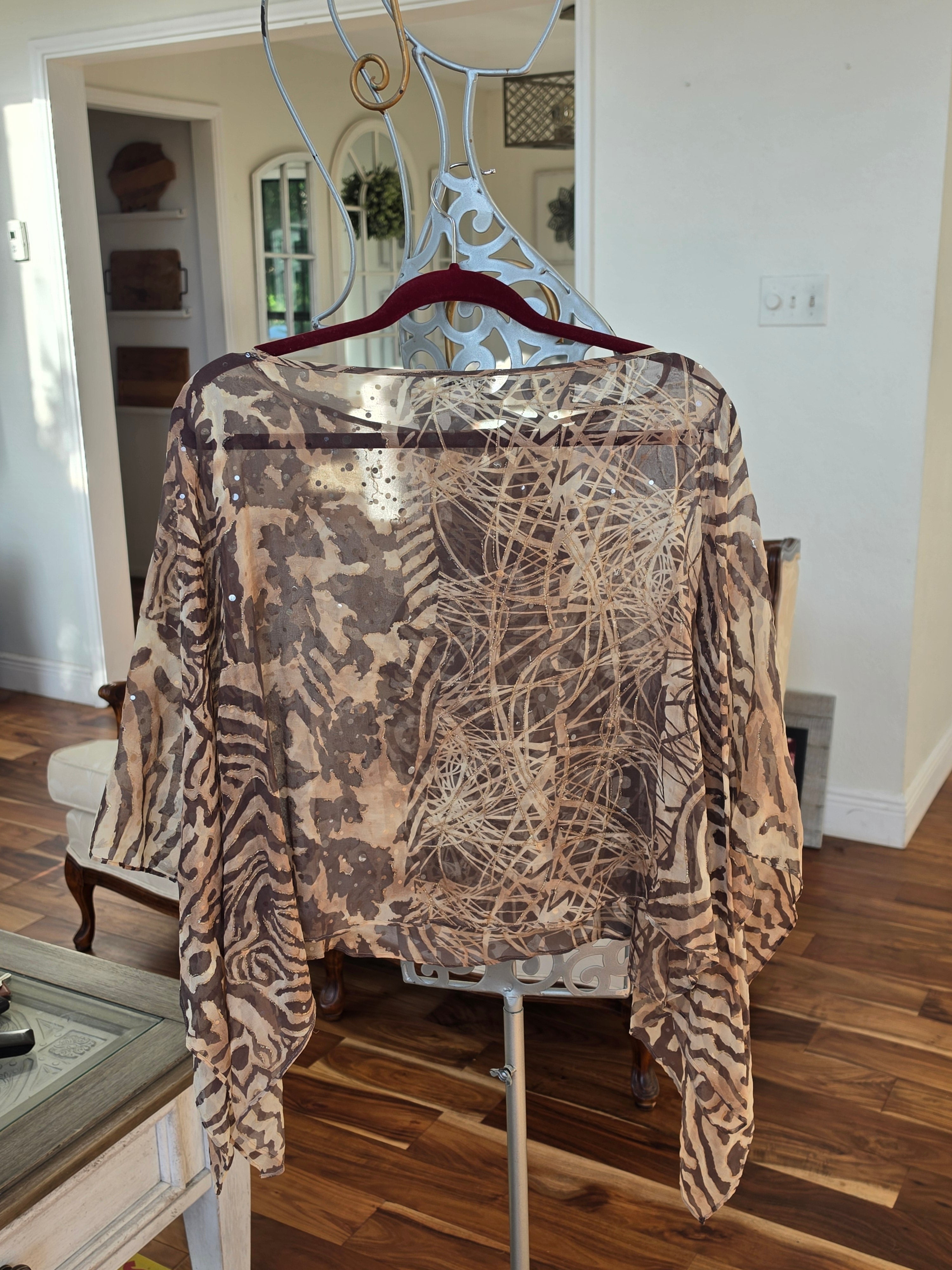 Chico's Sheer Animal Print Mesh Poncho Blouse Sequin Detailed Top One Size