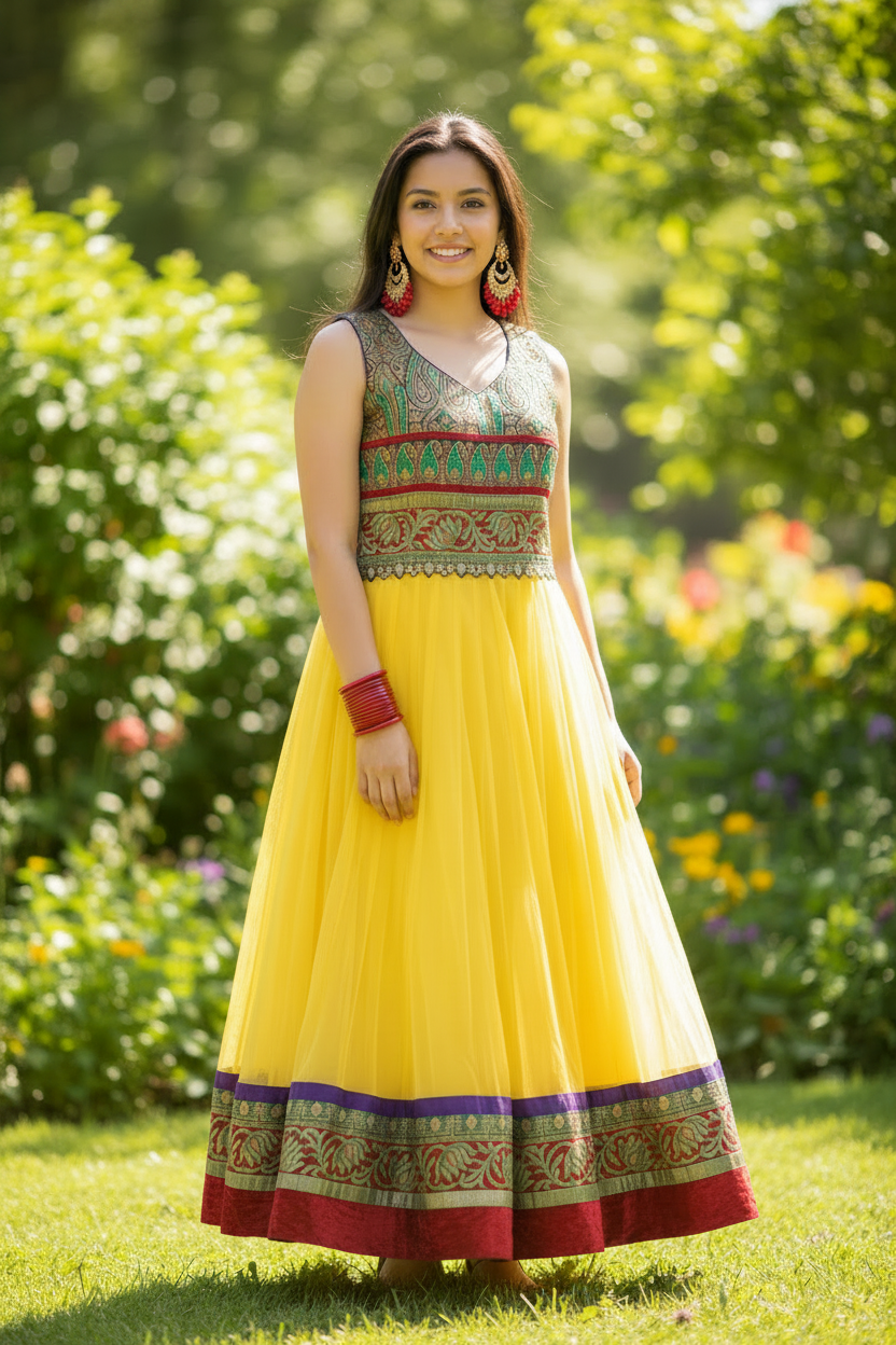 Authentic 3-Piece Anarkali Set in Sunlight Yellow & Royal Paisley