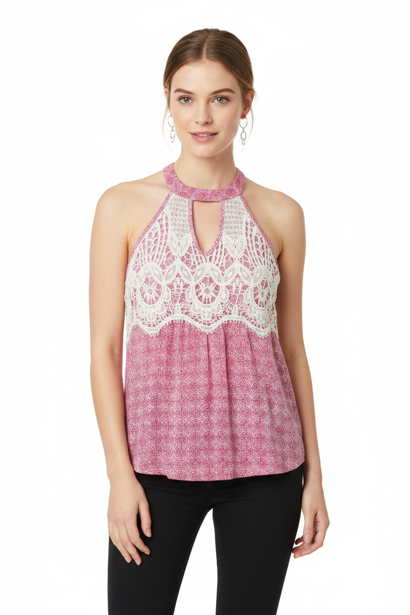 Rewind Vintage-Style Halter Tank Top with Crochet Lace Overlay