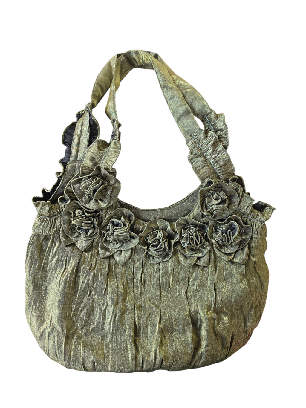 Vintage Y2K Olive Metallic Satin Rosette Hobo Bag