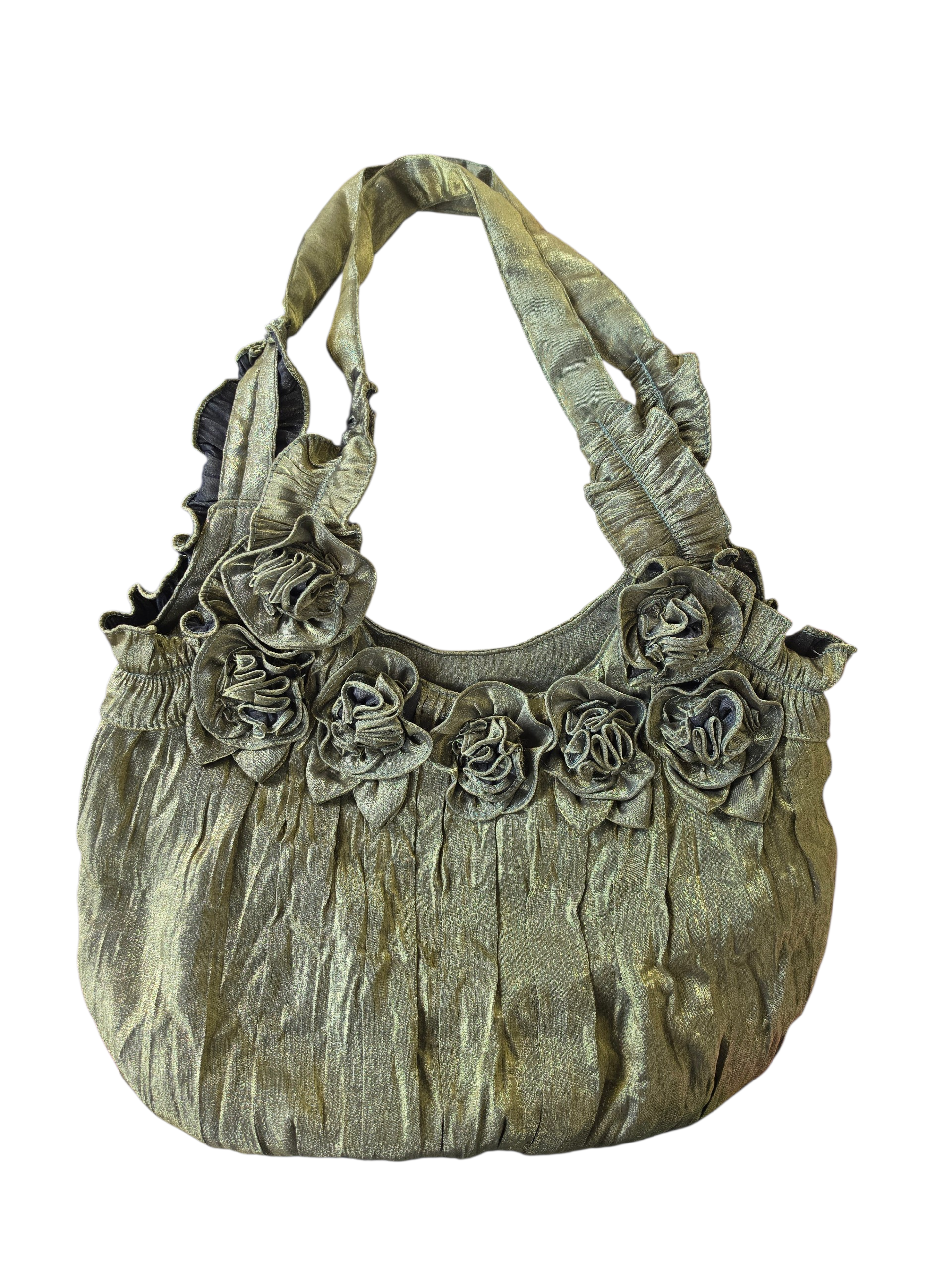 Vintage Y2K Olive Metallic Satin Rosette Hobo Bag