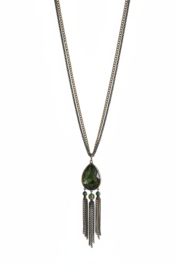 Vintage Boho Peacock Teardrop Tassel Necklace – 21” Gold Tone Statement Piece