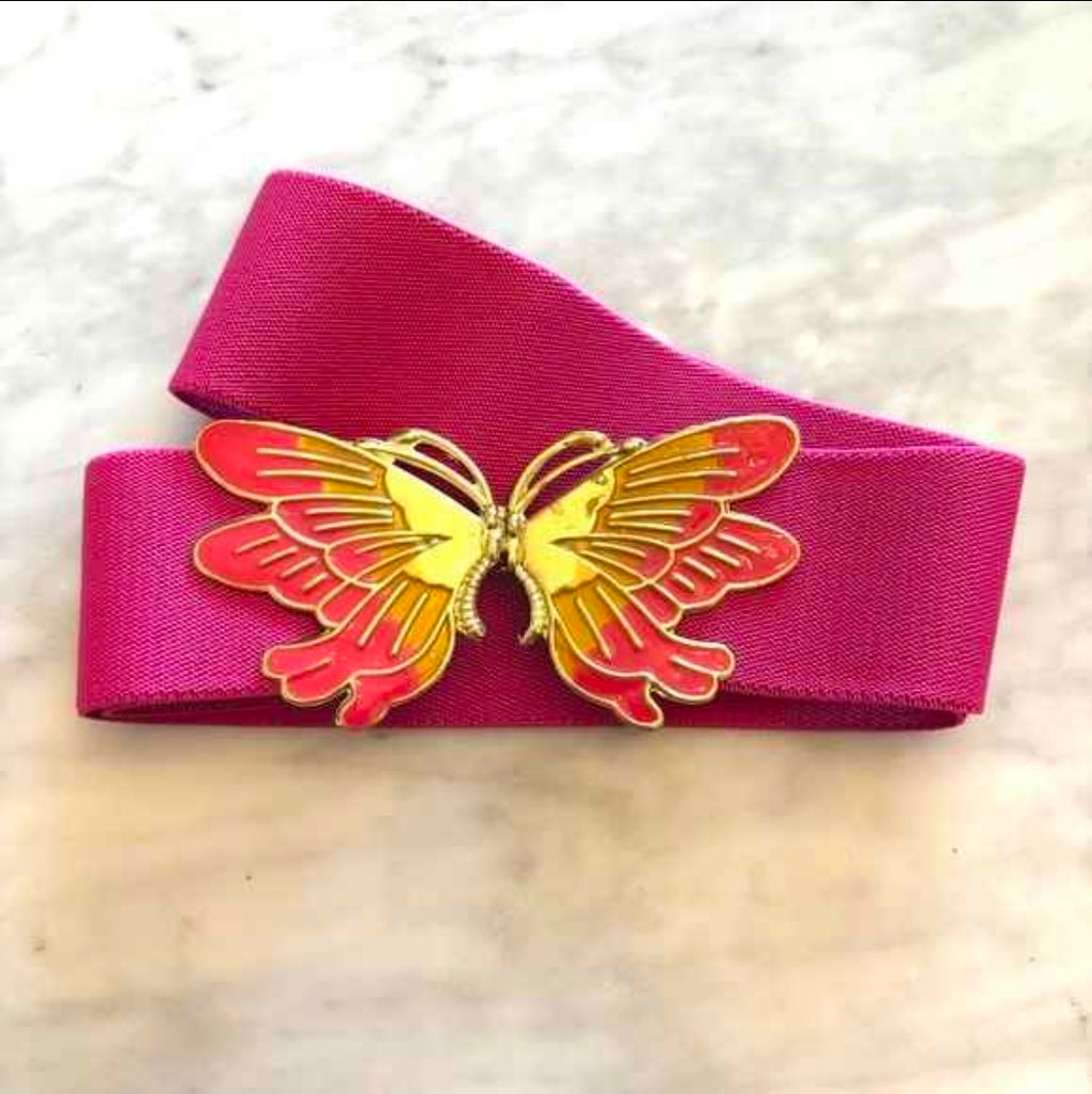 Vintage 1980s Hot Pink Enamel Butterfly Stretch Waist Belt