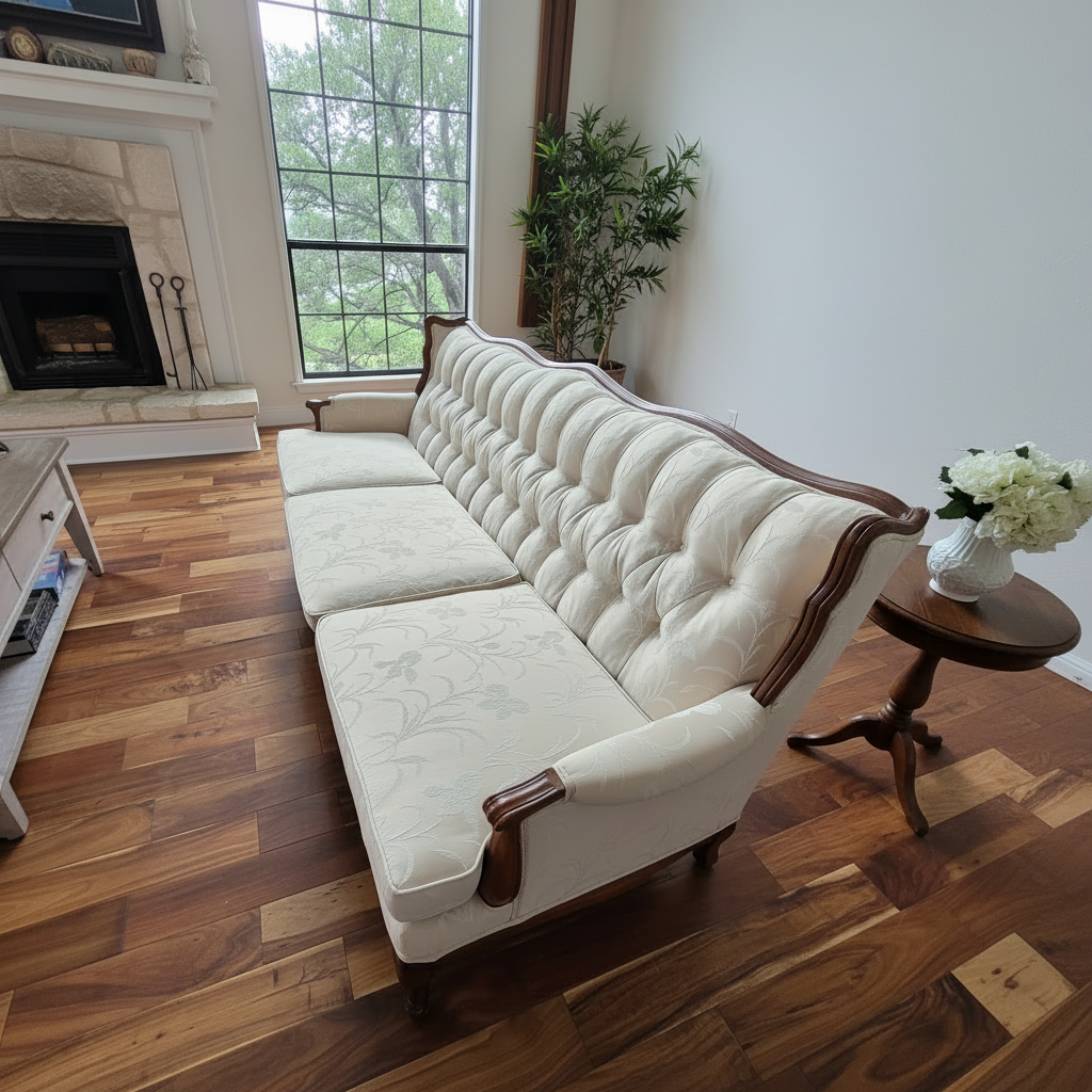 Vintage 1960s French Provincial Button-Tufted Damask Sofa & Loveseat Set