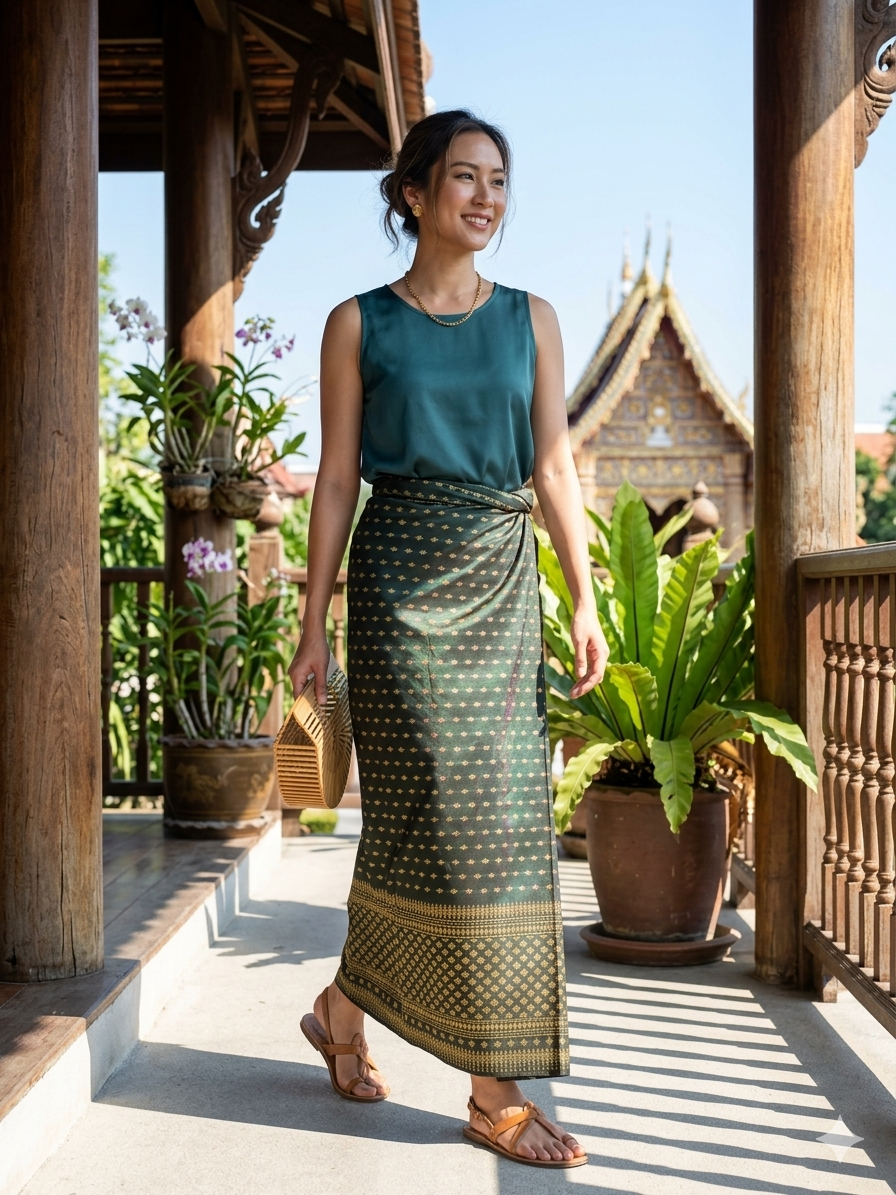 Iridescent Emerald Traditional Thai Wrap Skirt